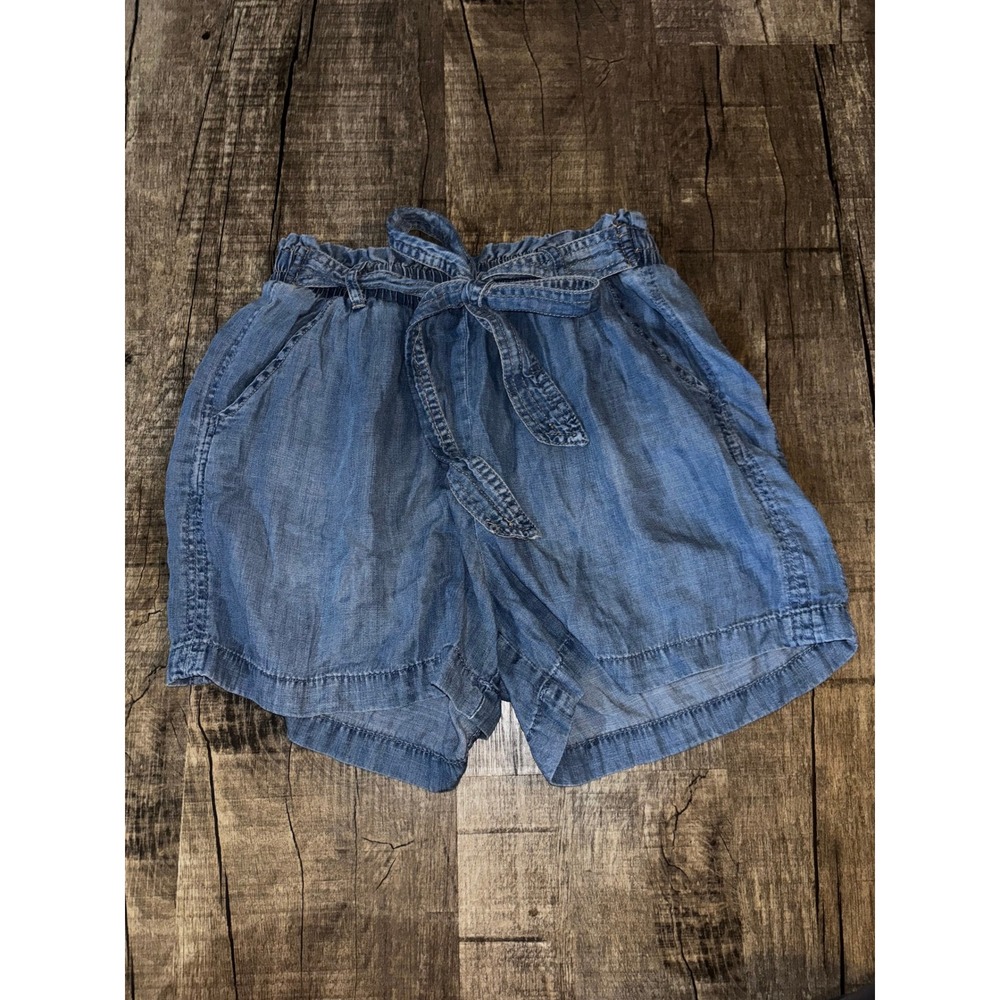 Knox Rose Women Small Blue Chambray Paperbag Waist Tie Shorts Elastic Smocked